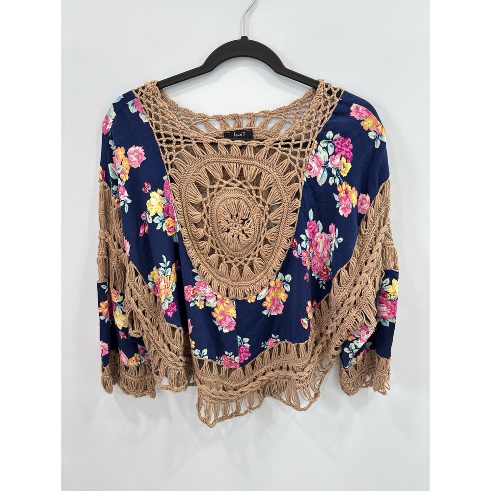 Love J Boho Floral Crochet Fringe Top XL Blue Pink Festival Peasant Coverup